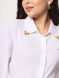 TRENDARREST Women's Polyester White Shirt with Metallic Collar Edges