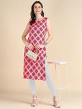 Women's Sleeveless Boat Neck Solid Casual Fancy Long Kurtis