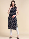 Women's Sleeveless Boat Neck Solid Casual Fancy Long Kurtis