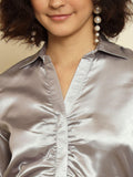 TRENDARREST Grey Satin Gathered Shirt